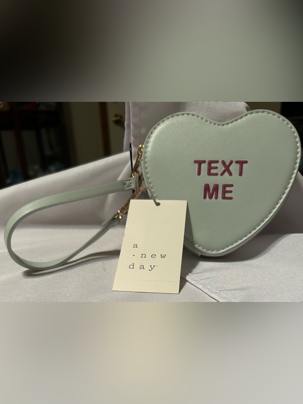 a new day Mint Heart Crossbody Bag with Pink Lettering